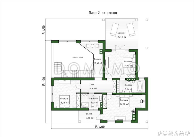 Проект дома с мансардой, вторым светом, балконом и крытой террасой / План мансардного этажа