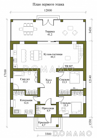 Проект одноэтажного каркасного дома с мансардой, вторым светом и крытой террасой / План 1 этажа