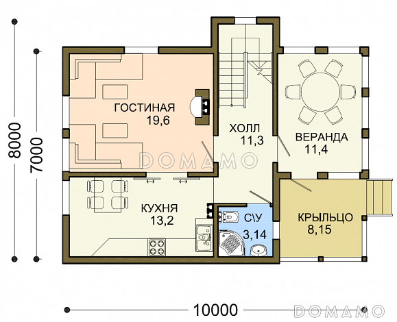 Проект дачного дома с остекленной верандой и мансардой / План 1 этажа