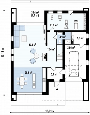Проект современного двухэтажного дома из газобетона с тремя спальнями, спортзалом и гаражом / План 1 этажа