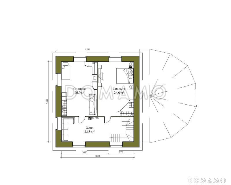 Проект двухэтажного помещения бассейна с двумя спальнями и гаражом / План 2 этажа
