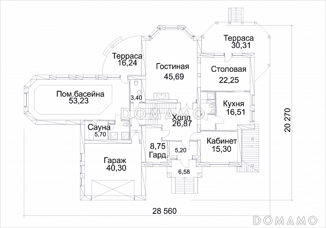 Проект дома из кирпича с бассейном и сауной на первом этаже / План 1 этажа