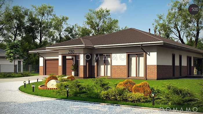 Проект просторного одноэтажного дома из газобетона с тремя спальнями, большой гостиной-столовой и гаражом на два автомобиля