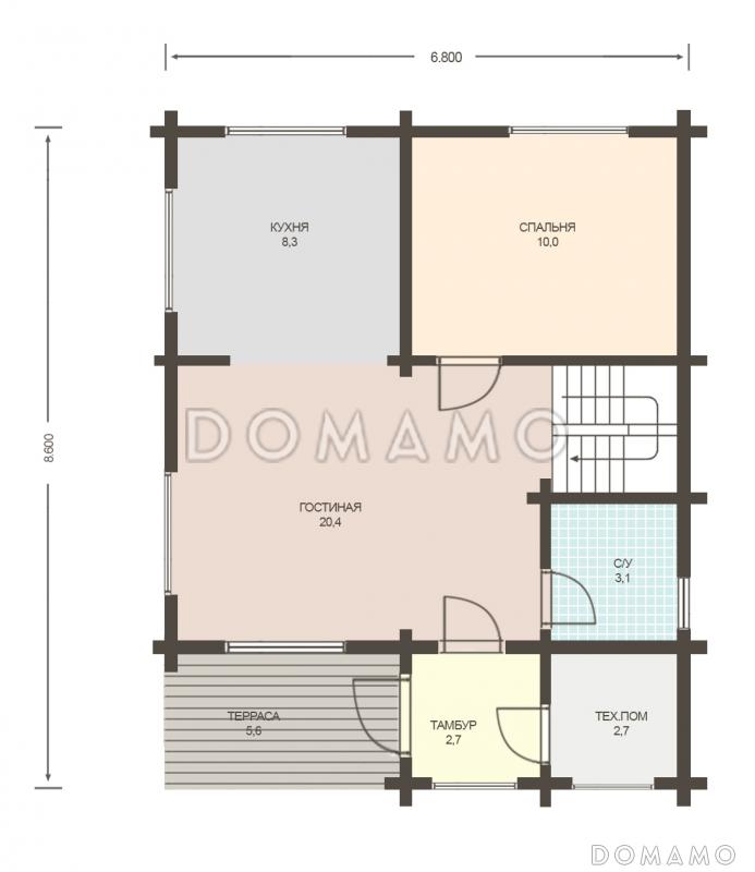 Проект дачного дома с мансардой до 100 м. кв. из клееного бруса / План 1 этажа