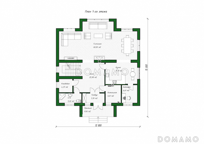 Проект дома с 4 спальнями на мансарде, кабинетом, изолированной кухней и просторной гостиной-столовой / План 1 этажа