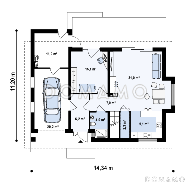 Проект одноэтажного мансардного дома из кирпича с кабинетом, четырьмя спальнями, техническим помещением и гаражом / План 1 этажа