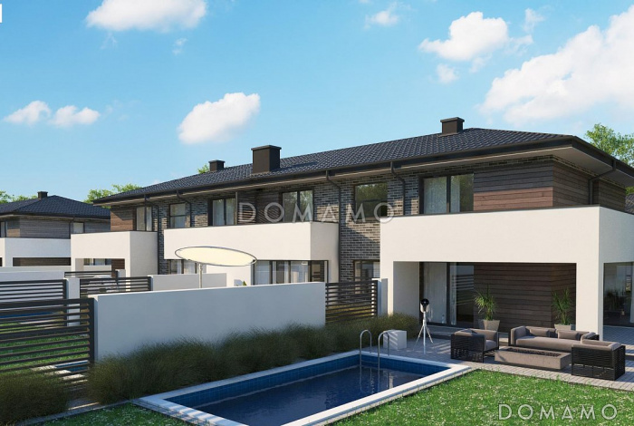 Проект современного комфортного двухэтажного дома из кирпича для двух семей