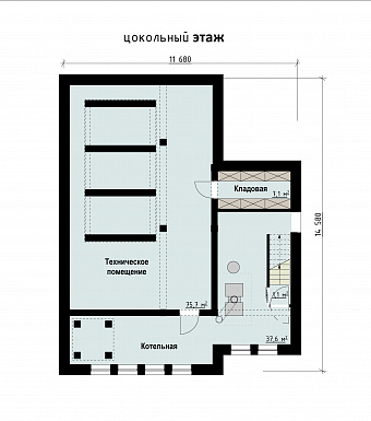 Проект загородного дома с бассейном, комнатами для отдыха и спорта, террасами, большим гаражом, спальнями на втором этаже / План цокольного этажа