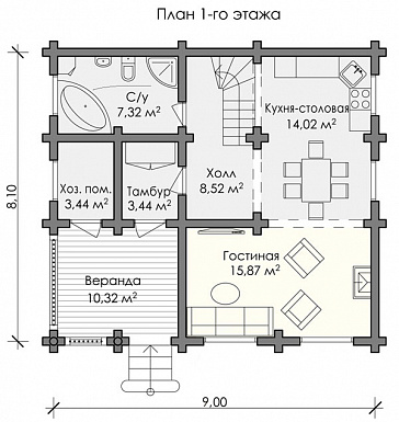 Проект дома из бревна с тремя просторными спальнями / План 1 этажа