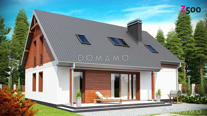 Проект одноэтажного дома из кирпича с мансардой облицованной натуральным деревом со встроенным гаражом