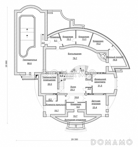 Проект коттеджа с бассейном и стеклянным куполом / План цокольного этажа