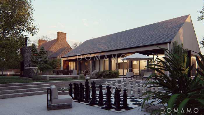 Проект одноэтажного современного дома с тремя спальными комнатами с общим санузлом, кабинетом, просторной дневной зоной