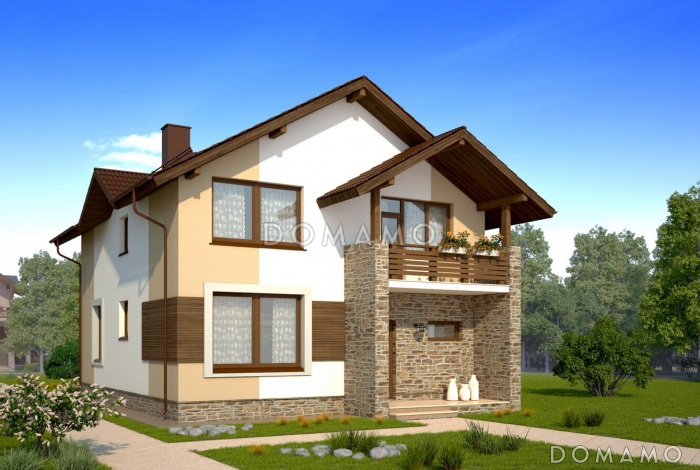 Проект коттеджа с пятью спальнями, коричневой крышей и белыми оштукатуренными стенами