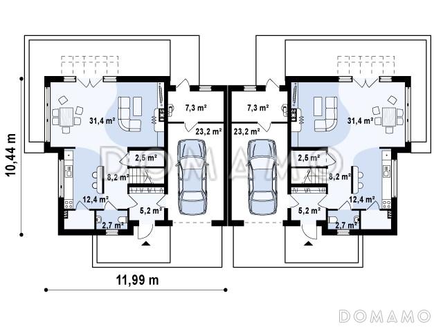 Проект современных мансардных домов-близнецов из кирпича с гаражом, тремя спальнями и балконом / План 1 этажа