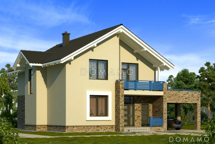 Проект загородного дома с каменного облицовкой крыльца и панорамными окнами гостиной