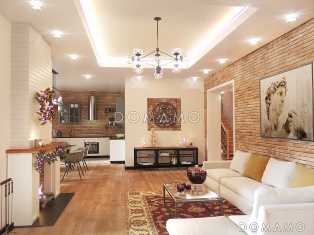 Проект двухэтажного дома по технологии ЛСТК с окнами в пол в гостиной