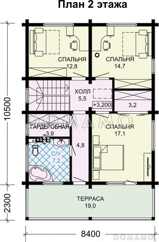 Проект двухэтажного дома из бруса с тремя спальнями / План 2 этажа