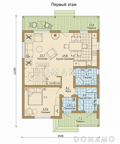 Проект каркасного дома с большим балконом на мансардном этаже / План 1 этажа