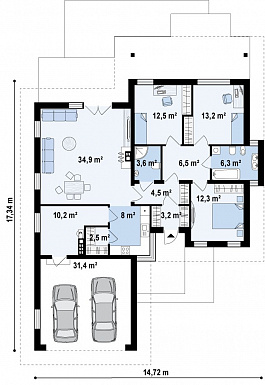Проект одноэтажного дома из газобетона с большой гостиной, тремя спальнями и гаражом на два автомобиля / План 1 этажа