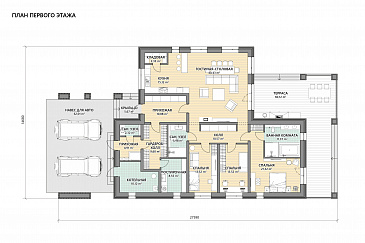 Проект одноэтажного дома с тремя спальнями, крытой террасой, навесом для двух автомобилей / План 1 этажа