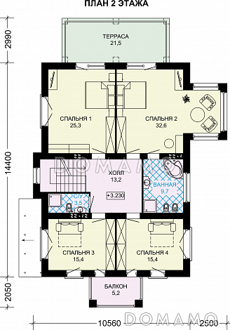 Проект дома из газобетона с просторным балконом на втором этаже / План 2 этажа
