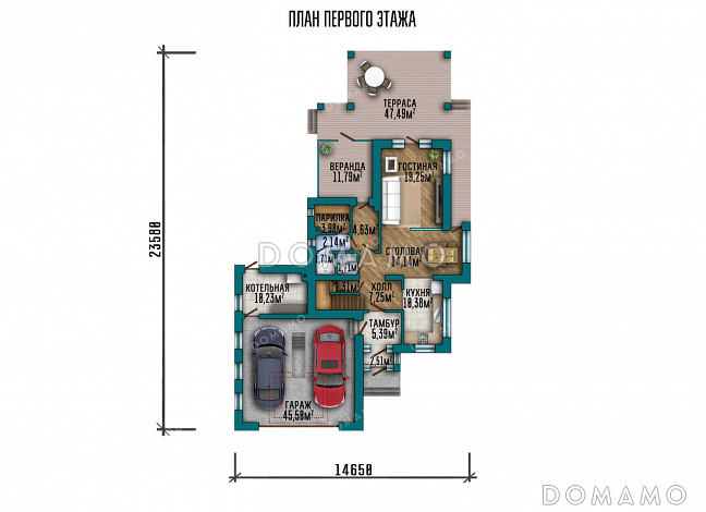 Проект двухэтажного дома с открытой террасой и гаражом на два автомобиля / План 1 этажа