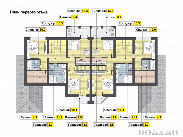 Проект дома с эркером в гостиной, комнатой на первом этаже, террасой, балконом, чердаком / План 2 этажа