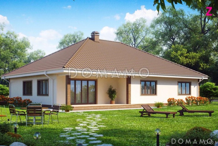 Проект одноэтажного дома с мансардой и треугольными окнами на крыше