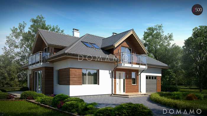 Проект просторного одноэтажного мансардного коттеджа из кирпича с гостевой спальней на первом этаже, кабинетом и гаражом