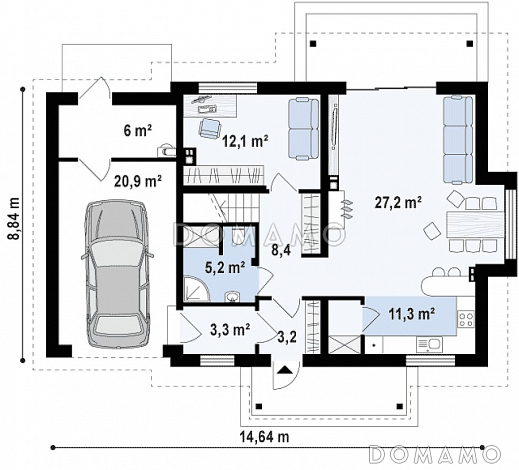 Проект одноэтажного мансардного дома из газобетона с тремя спальнями, кабинетом и гаражом  / План 1 этажа