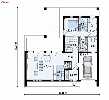 Проект дома с большой террасой на мансардном этаже и гаражом / План 1 этажа