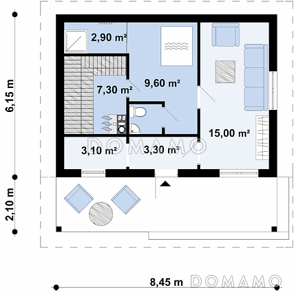 Проект бани из газобетона с комнатой отдыха и крытой террасой / План 1 этажа