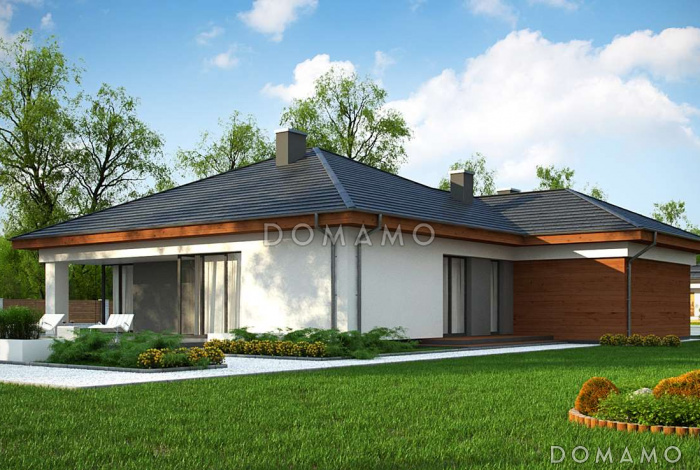 Проект комфортного одноэтажного дома из кирпича с тремя спальнями и пристроенным гаражом на два автомобиля