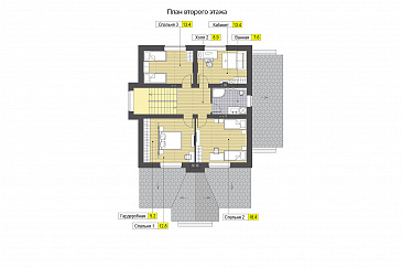 Проект дома с верандой c барбекю, кладовой под лестницей, парной и душевой, кабинетом и спальнями на мансардном этаже / План мансардного этажа