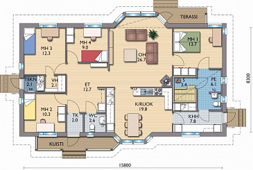 Проект каркасного дома с просторной кухней / План 1 этажа