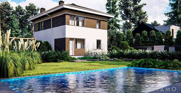 Проект загородного дома с камином в гостиной, вытянутой кухонной зоной с окнами, санузлом с душевой на первом этаже