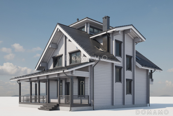 Проект двухэтажного дома из бруса с масштабной крытой террасой и бельведером