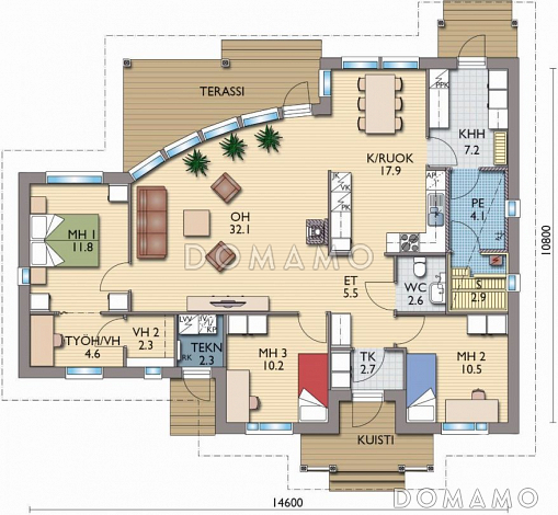 Проект каркасного дома с гостиной нестандартной формы / План 1 этажа