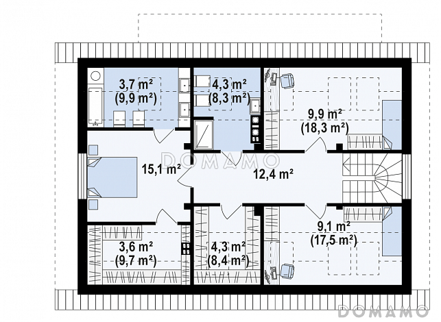 Проект одноэтажного мансардного дома из газобетона классической формы и планировки, с пятью комнатами / План мансардного этажа