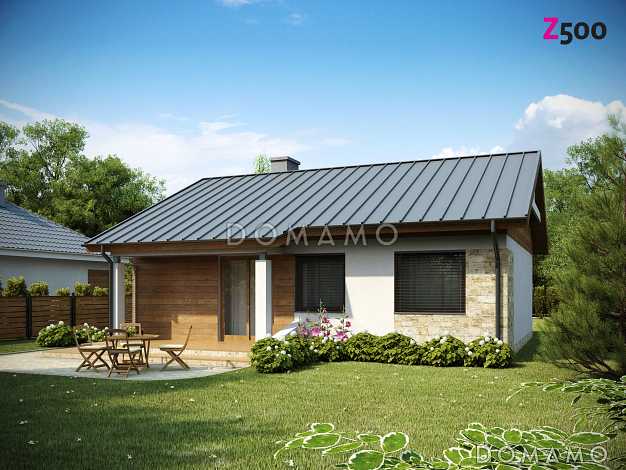 Проект небольшого одноэтажного дома из кирпича с двумя спальнями и террасой