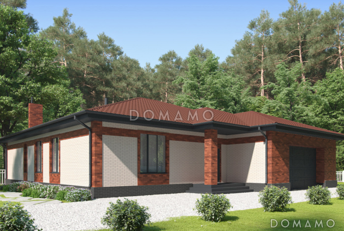 Проект одноэтажного дома с террасой и гаражом, просторной кухней-столовой, хозяйской спальней 