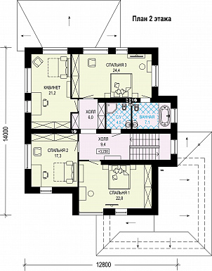 Проект двухэтажного дома из газобетона с гаражом на два машиноместа / План 2 этажа