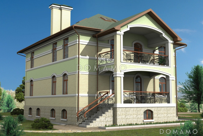 Проект двухэтажного загородного дома с высоким крыльцом