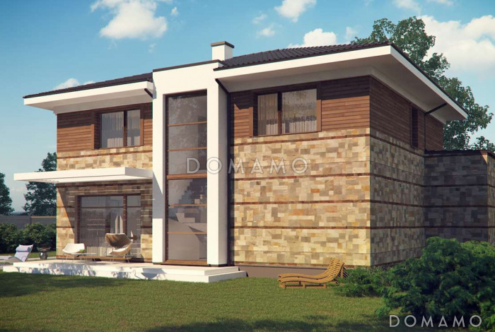 Проект современного двухэтажного дома из кирпича с четырьмя спальнями, сауной и большим гаражом