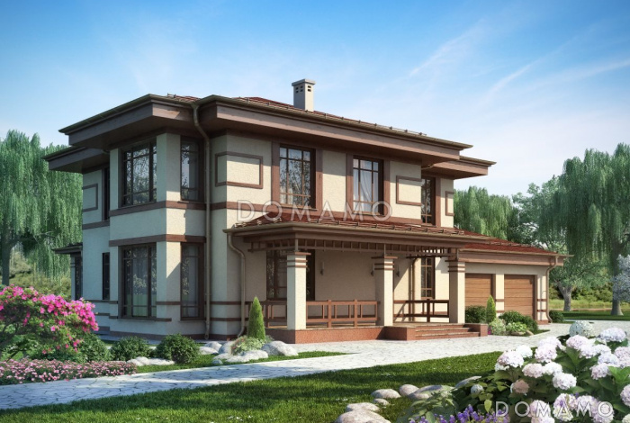 Проект двухэтажного дома из пеноблоков с гаражом для двух автомобилей