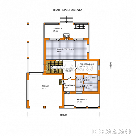 Проект дома из кирпича с экономичной двускатной крышей и навесом для автомобиля / План 1 этажа