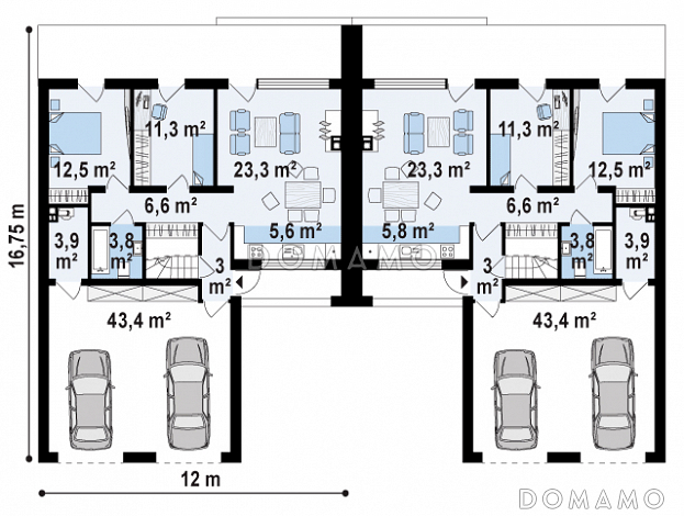 Проект современных мансардных домов-близнецов из кирпича с большим гаражом, открытой террасой на втором этаже и четырьмя спальнями / План 1 этажа