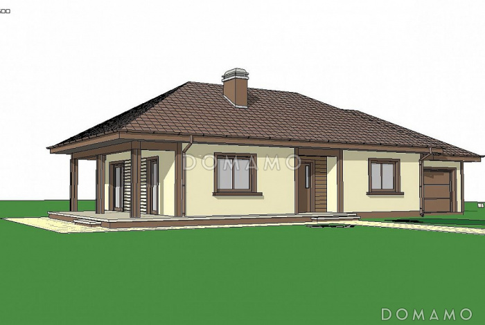 Проект компактного одноэтажного дома из газобетона с двумя спальнями и боковой террасой и пристроенным гаражом