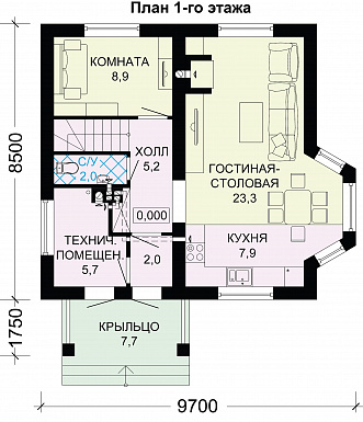 Проект дома из газобетона с тремя небольшими спальнями на мансардном этаже / План 1 этажа