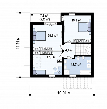 Проект комфортного дома с кладовой, балконом, тремя светлыми спальнями в мансарде / План мансардного этажа